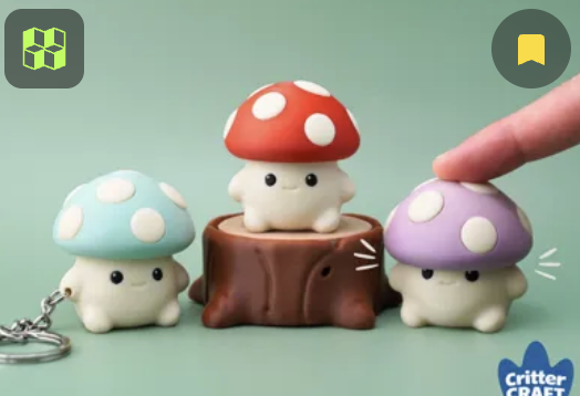 ฟิกเกอร์เห็ดกดเด้งสามตัว หมวกสีฟ้าอ่อน สีแดง และสีม่วงอ่อน ลายจุดสีขาว